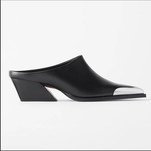 ZARA Cowboy Black Leather Heeled Mules